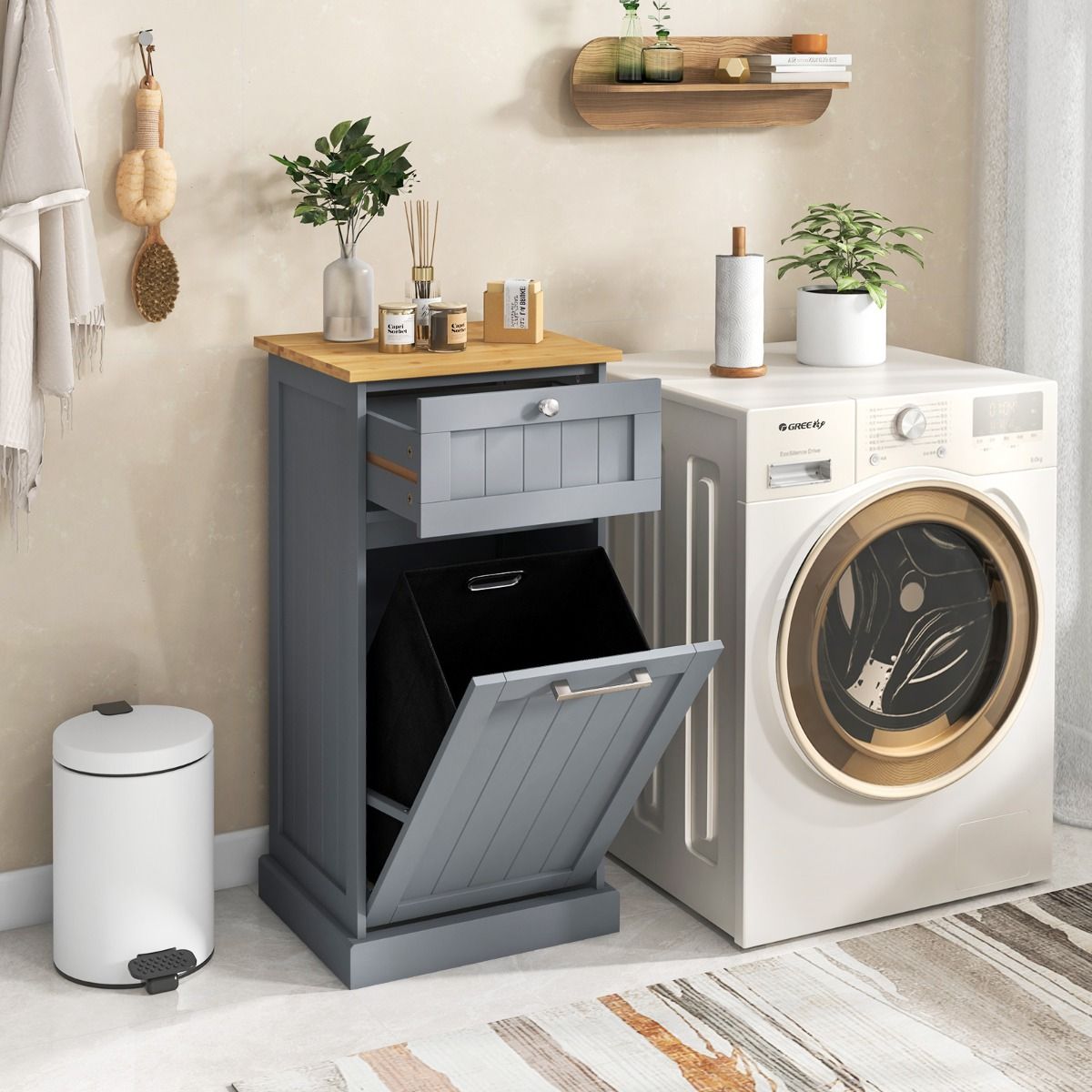 Armoire Coast avec panier à linge - tiroir et espace de rangement - bambou et MDF - blanc et naturel - 40 x 37 x 82 cm