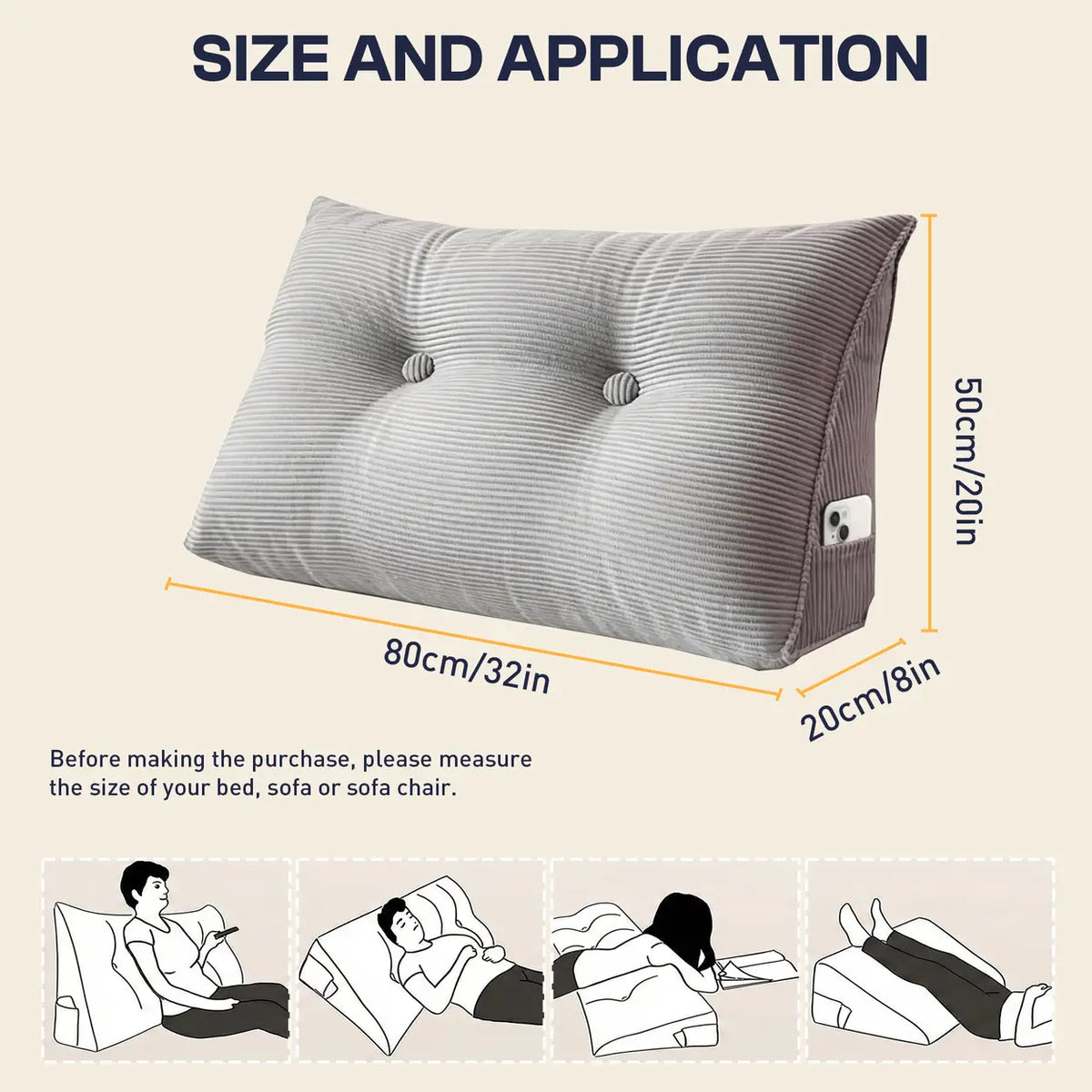 Coussin de dossier et de lecture Xllx - Housse lavable et poche latérale - 80 × 50 × 20 cm - Gris