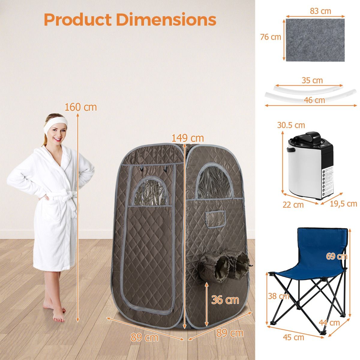 Sauna à vapeur portable Coast - Sauna d'intérieur pour 1 à 2 personnes - Générateur de vapeur de 3 litres - Gris 89 x 89 x 149 cm