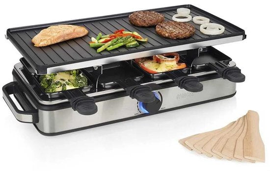 Ensemble Princess Gourmet 162645 - Raclette pour 8 personnes - Thermostat réglable - 1 400 W - Cordon d'alimentation de 2 mètres - Plaque de cuisson réversible - 8 poêlons - Acier inoxydable