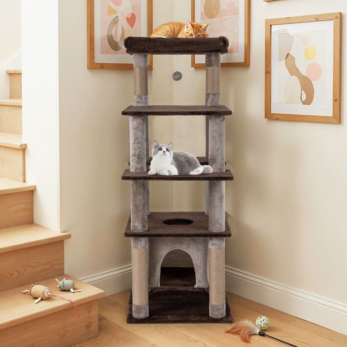 Arbre à chat Coast - plusieurs niveaux - maison pour chat à bascule - panier en peluche - marron - 56 x 56 x 148 cm
