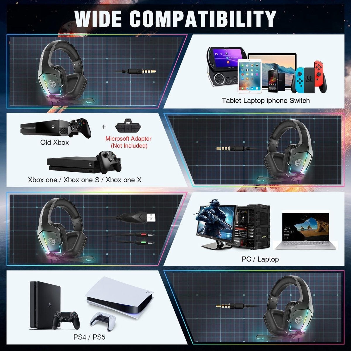 Casque gaming SoulBytes S12 RGB avec microphone stéréo - Multiplateforme -Noir