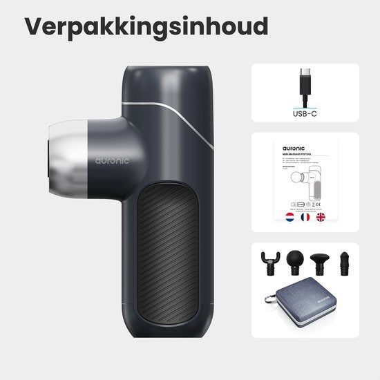 Auronic Massage Gun - Appareil de massage - Professionnel - 4 accessoires et étui - Pistolet de massage - Corps entier - Gris foncé