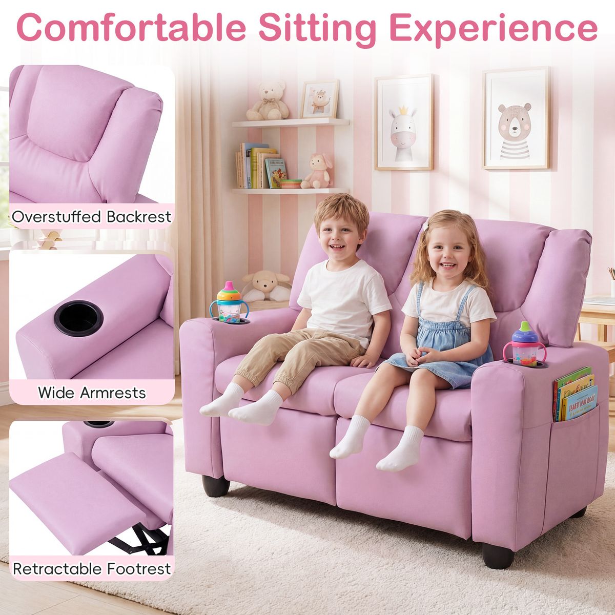 Banc pour enfants Coast avec fonction d'inclinaison - double assise - porte-gobelets - rose 54 x 94 x 68 cm