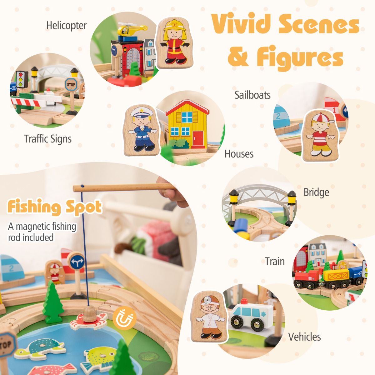 Table de train en bois Coast pour enfants - Table d'activités 5 en 1 - 78 pièces - Couleur naturelle
