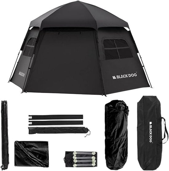 Tente Black Dog Dome - Tente de camping haut de gamme pour 6 à 8 personnes - Hexagonale à montage automatique - Tente familiale portable - Vinyle pliable - Protection contre le soleil et la pluie - Noire