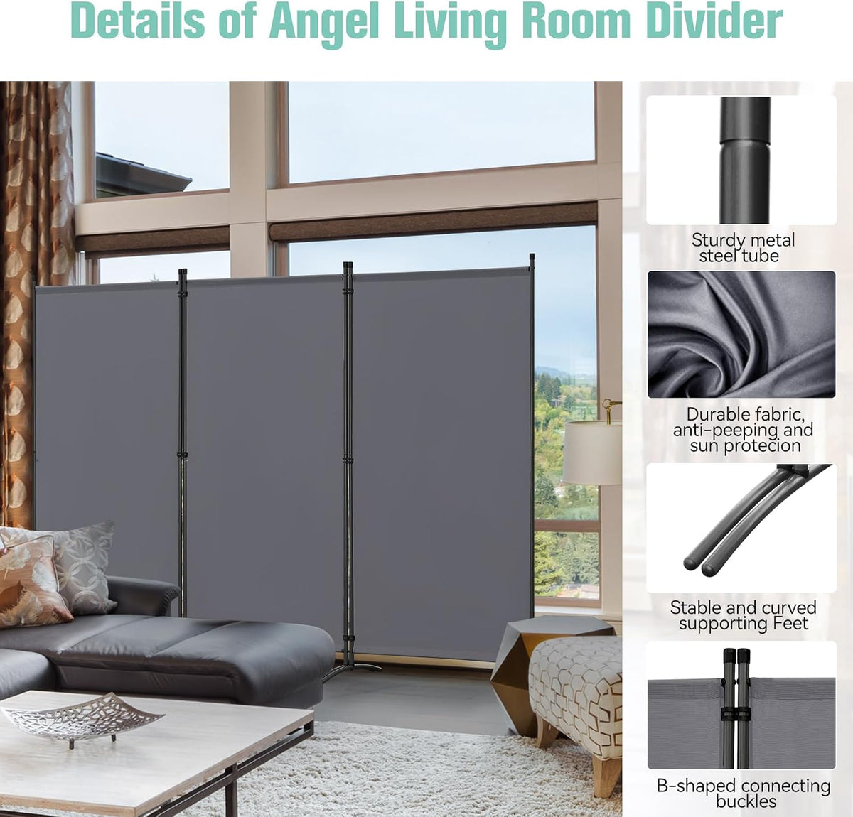 Paravent Angel Living à 3 panneaux – 243 x 180 cm – Gris