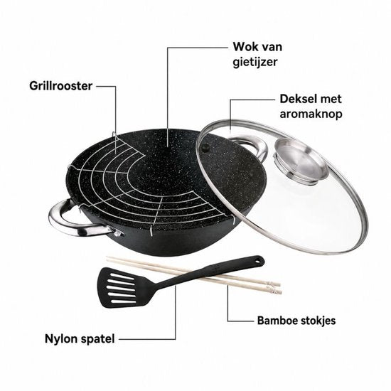 Wok en fonte 28 cm – Sans PFAS – Bouton aromatique – Couvercle – Induction – Wok Wasabi