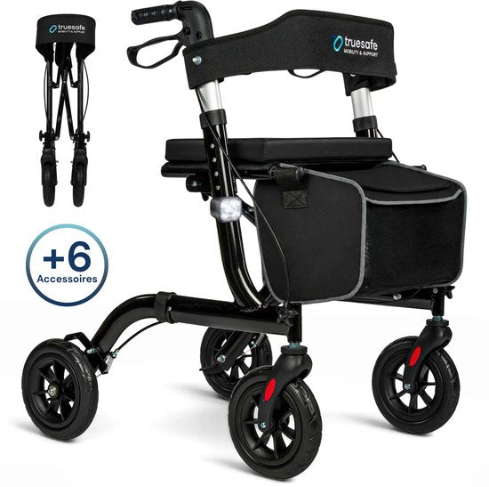 Rollator TrueSafe léger et pliable (6,9 kg) - Pour l'intérieur et l'extérieur - Avec coussin d'assise ergonomique, éclairage, dossier, support pour canne et bien plus encore - Noir