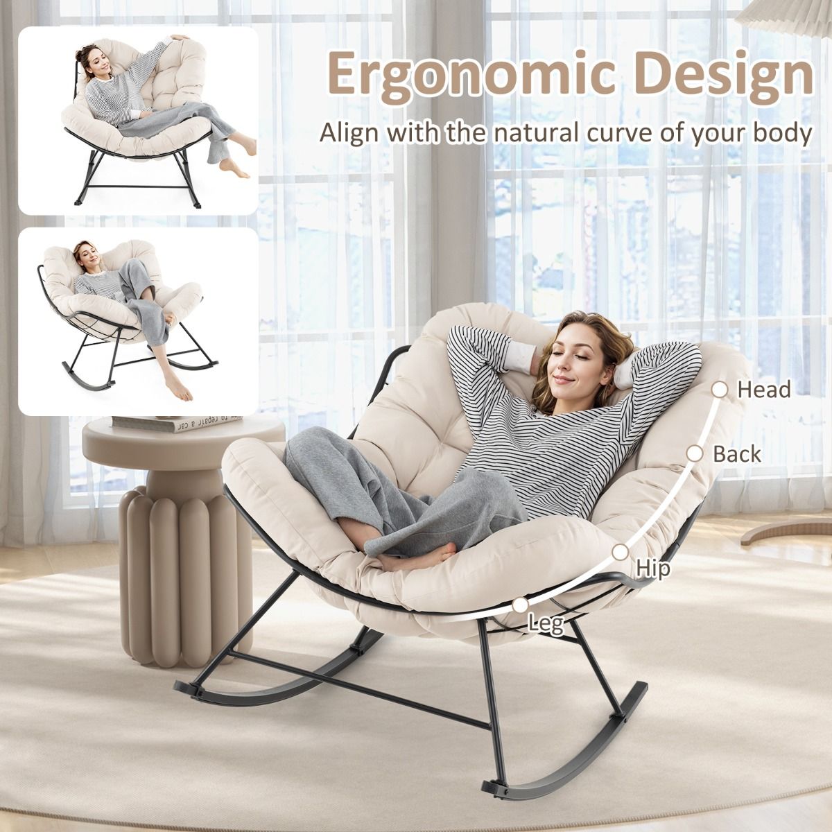 Coast Chaise à bascule (Terrace Chair) - Coussin extra rembourré et grande capacité de charge (205 kg) - 110 x 95 x 94 cm - Métal/Polyester - Beige