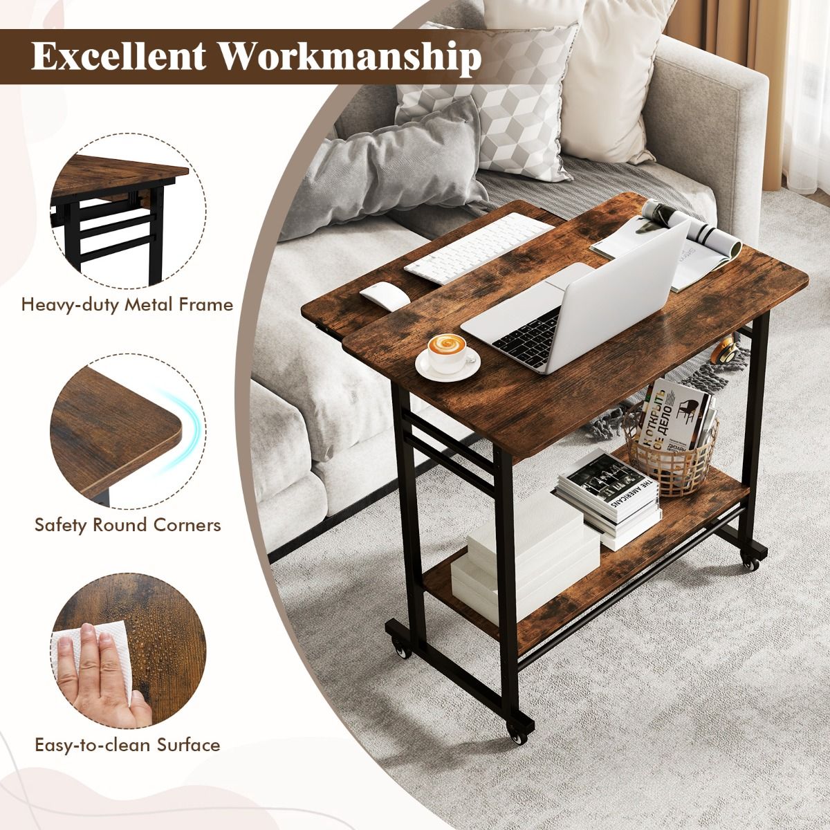 Table d'ordinateur Coast sur roulettes - avec tablette pour clavier et étagère de rangement - marron vintage - 80 x 50 x 78 cm