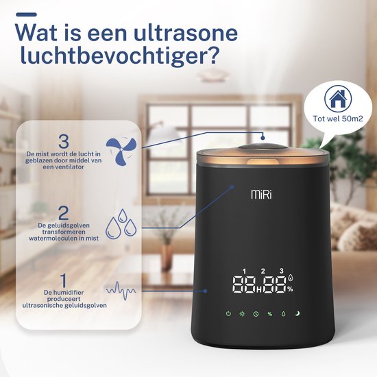 MiRi Nimbus - Humidificateur - Humidificateur - 4.5L - Humidimètre - Ioniseur - 50m² - Ultrason - Télécommande - Commandes tactiles - Aromathérapie