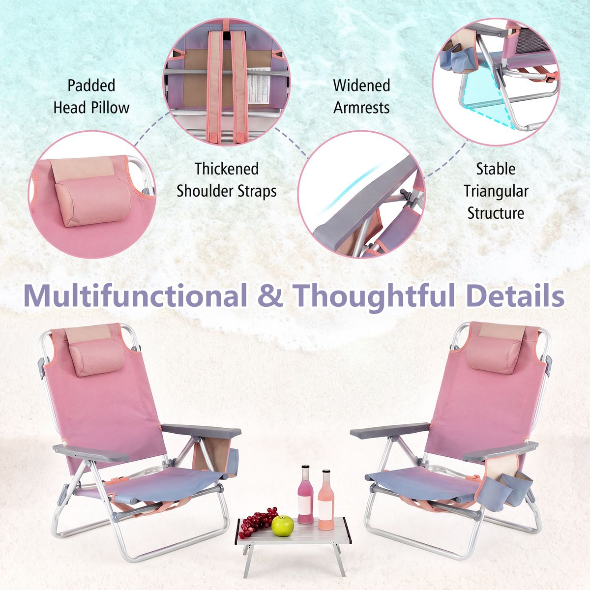 Ensemble de chaises et table de plage Coast - Réglables sur 5 positions - Pliables et légères - rose et violet