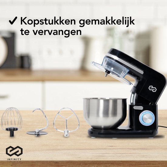 Infinity Goods Robot de cuisine - Mélangeur de cuisine - Bol de mélange en acier inoxydable de 5L - Robot de cuisine - Robot ménager - Accessoires inclus - 1000W - Noir
