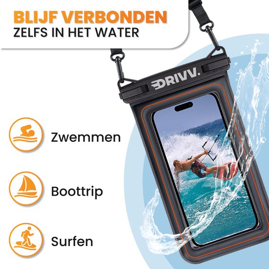 Drivv. Étui étanche pour téléphone - Flottant - Fermeture à double clip - Jusqu'à 6,8 pouces - Étui étanche pour téléphone - Noir