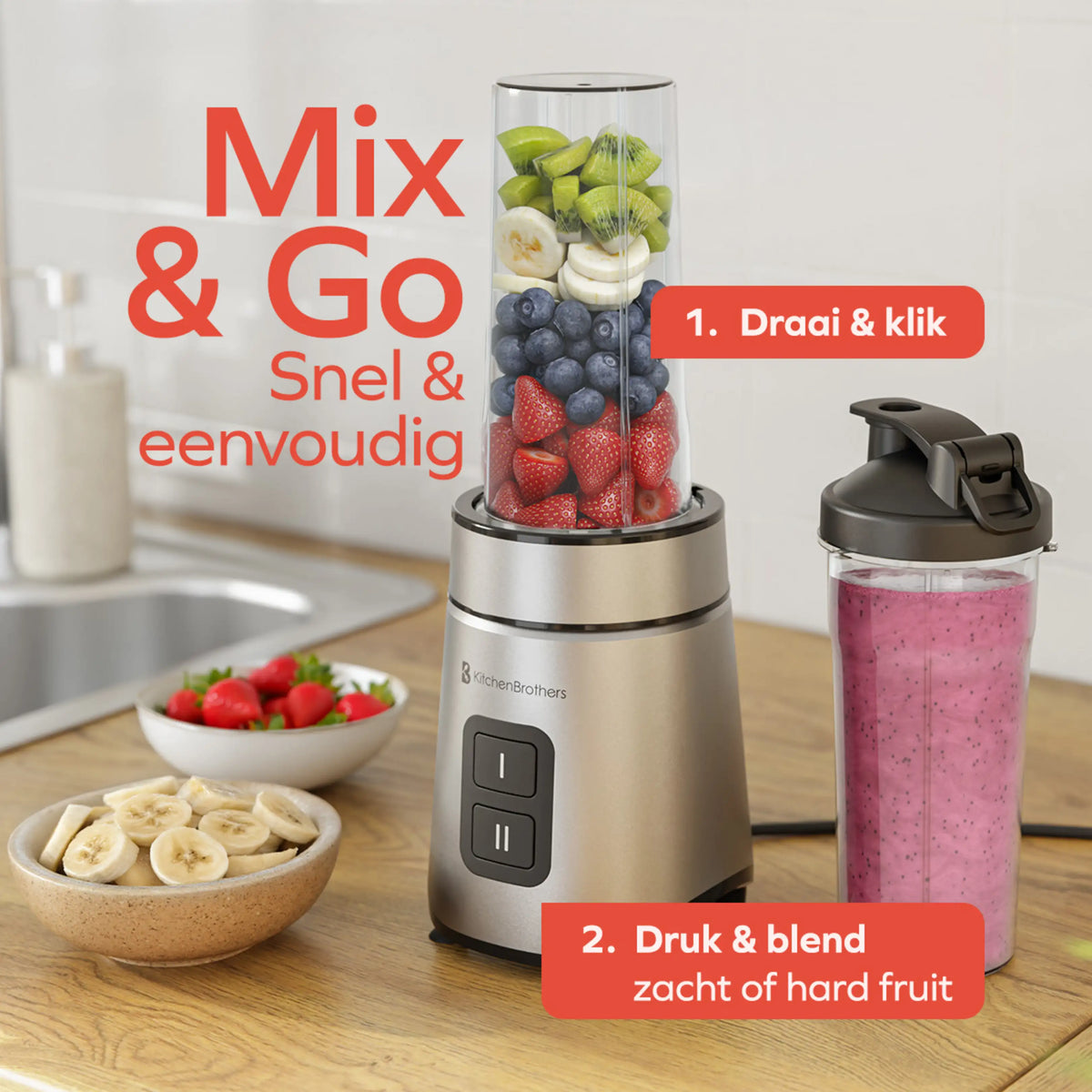 Mini-mixeur KitchenBrothers To-Go avec 2 bouteilles de 600 ml - 550 W - 4 lames en acier inoxydable - Noir
