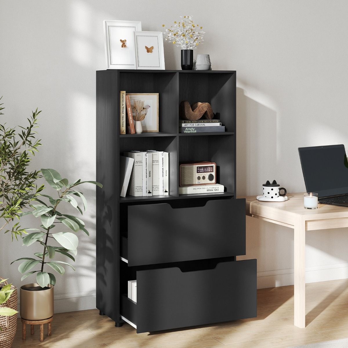 Bibliothèque Coast - quatre étagères ouvertes - deux grands tiroirs - noir - 70 x 33,5 x 130 cm