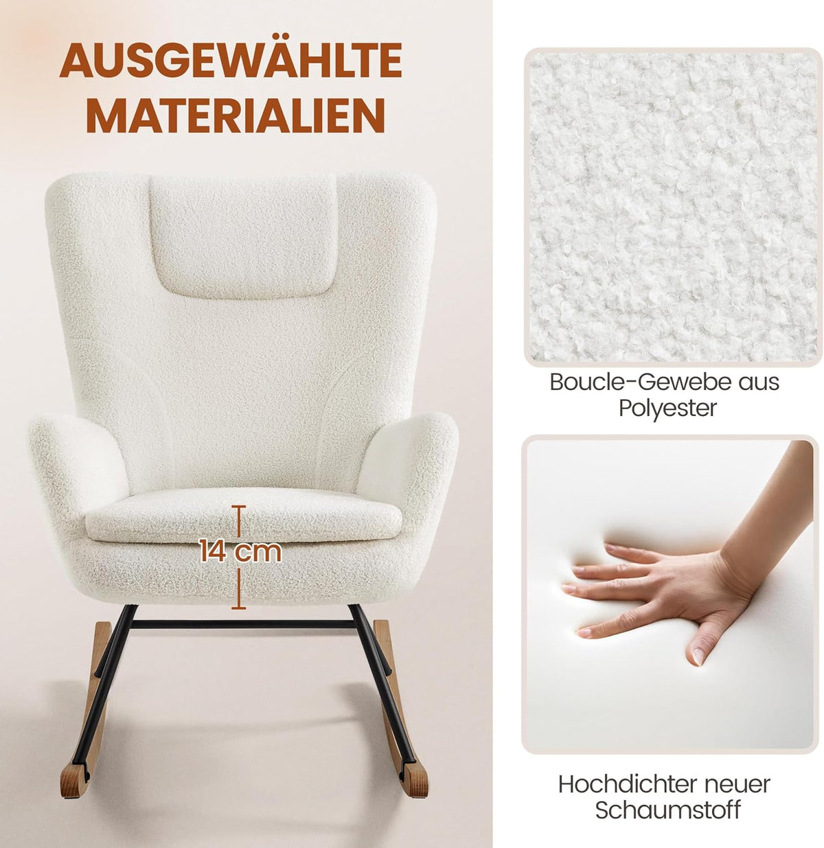 Fauteuil à bascule Yaheetech Boucle blanc avec dossier rabattable - 82,5 x 70 x 95,5 cm