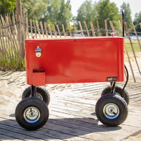 Glacière AXI Bolderwagen en rouge - Chariot de plage - Glacière à roulettes - Capacité de 76 L - Glacière avec robinet de vidange