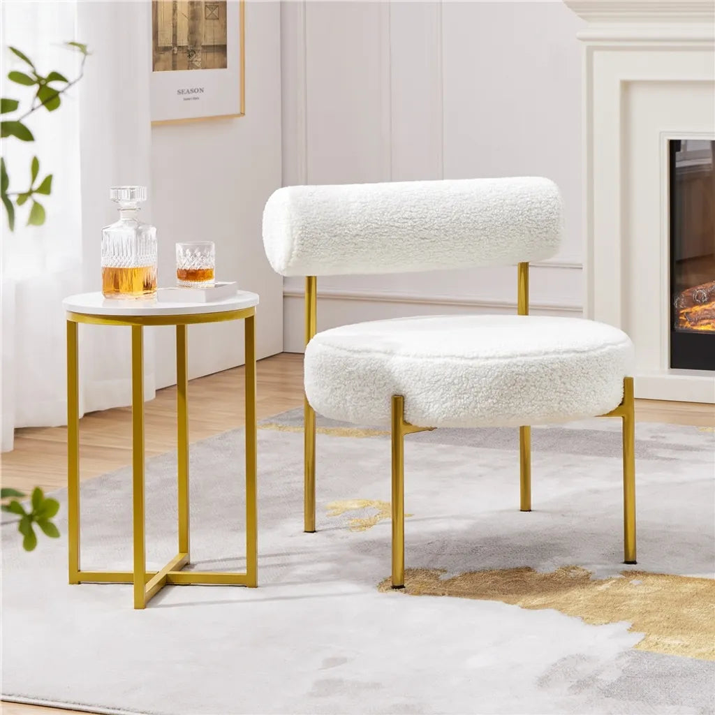 Yaheetech Lounge Chair 63 × 58 × 65 cm - White Bouclé - Chaise relaxante moderne avec assise ronde et pieds en métal