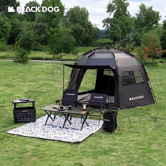 Tente Black Dog Dome - Tente de camping haut de gamme pour 6 à 8 personnes - Hexagonale à montage automatique - Tente familiale portable - Vinyle pliable - Protection contre le soleil et la pluie - Noire