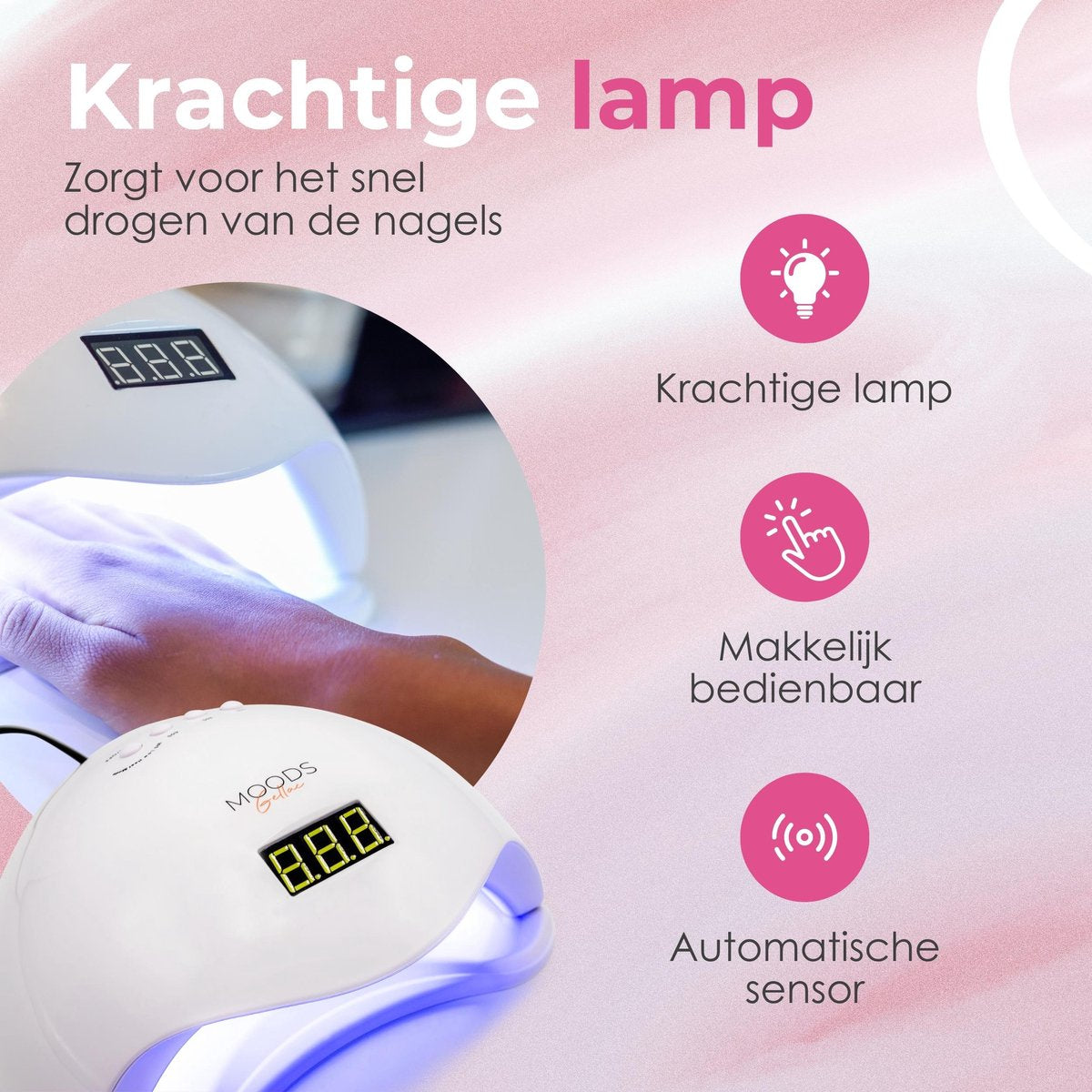 Moods Gellac - Lampe professionnelle pour ongles - Lampe UV pour ongles en gel - Séchoir à ongles - Contrôlable par boutons - Puissante lampe LED - Blanc