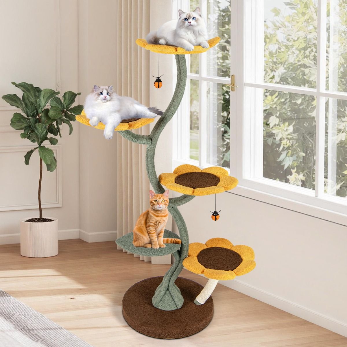 Arbre à chat Coast - motif tournesol - 5 plateformes - jaune, marron et vert - 175 cm