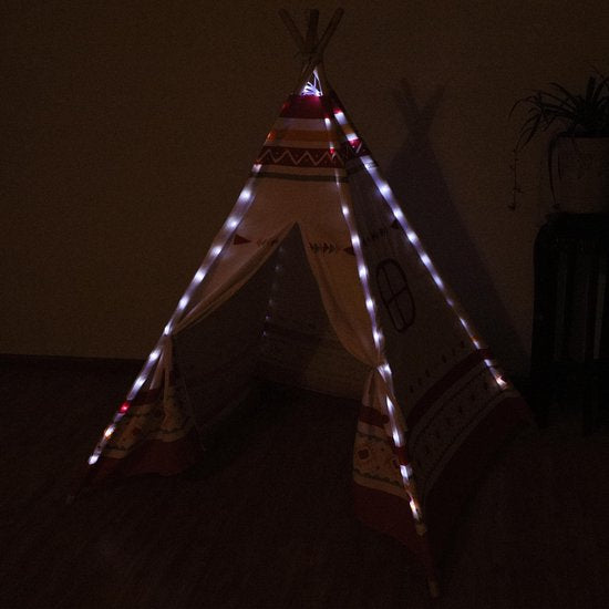 Tente tipi Sunny LED rouge/blanche - 60 LED - piquets en bois certifiés FSC - 120 x 120 x 160 cm
