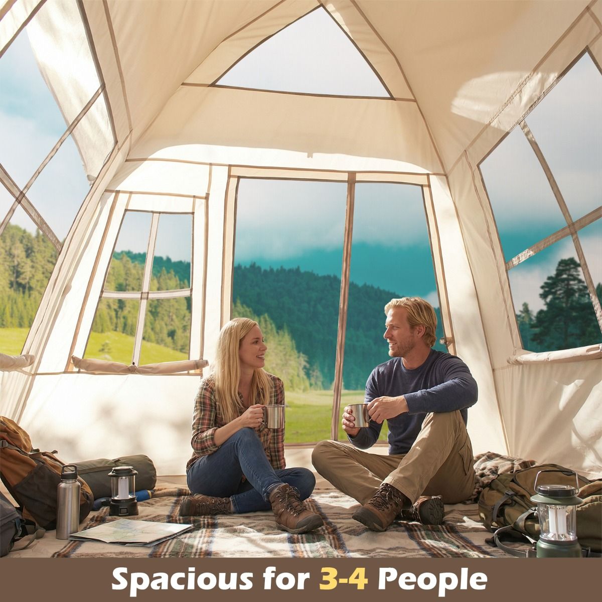 Tente familiale pop-up Coast - montage rapide - 4 personnes - beige