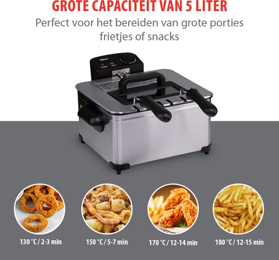 alpina friteuse double 5 litres - friteuse avec thermostat réglable - friteuse avec 3 paniers amovibles - friteuse 2000W - 27,5 x 21,5 x 30,5 cm - acier inoxydable