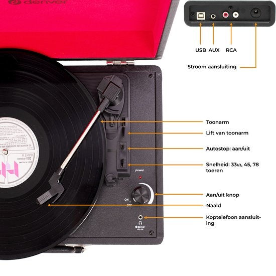 Denver Record Player - Haut-parleurs intégrés - Logiciel PC inclus - Auto-stop - Retro - VPL120 - Noir