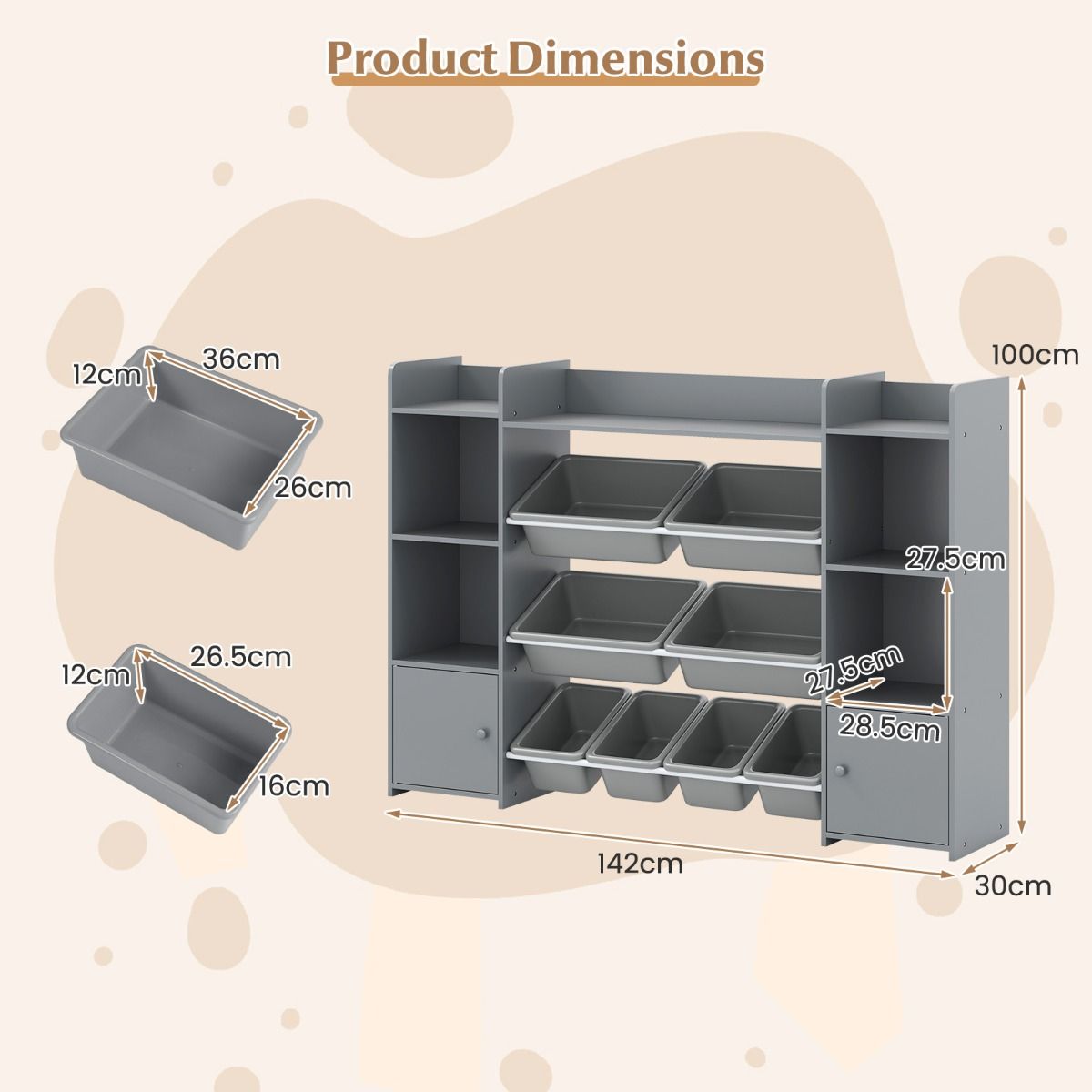 Armoire à jouets Coast à 4 niveaux - 8 bacs amovibles - étagère à livres - gris