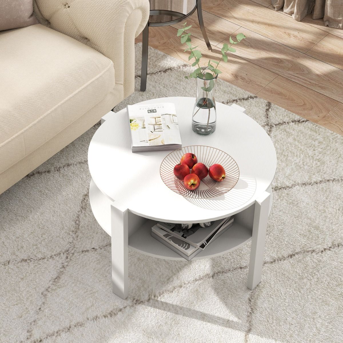 Table basse ronde Coast - avec espace de rangement - 4 étagères - blanche 74,5 x 74,5 x 45,5 cm