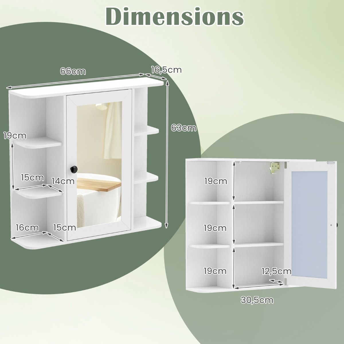 Meuble de salle de bains Coast avec miroir - six compartiments ouverts - trois compartiments intérieurs - blanc/marron rustique