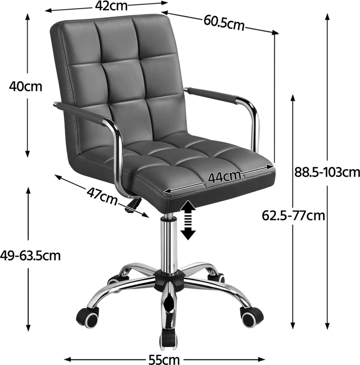 Chaise de bureau Yaheetech Luxe en simili cuir, 88,5-103 cm – Gris élégant – Polyuréthane et acier
