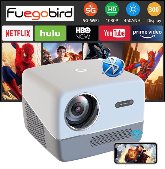 Fuegobird A6 Beamer - 1080P Full HD - Projecteur Smart Home - Support 4K - Android TV 9.0 - 450 ANSI - Streaming avec IOS & Android - Autofocus et 4D keystone - 2GB RAM+32GB ROM - WiFi6 - 2.4G/5G WiFi - BT5.0 - Netflix/Prime Video/Youtube - Gris