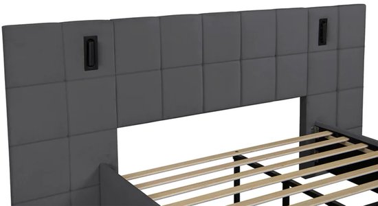 Lit capitonné Luzano - 140x200cm - Velours - Liseuse incluse - Gris foncé
