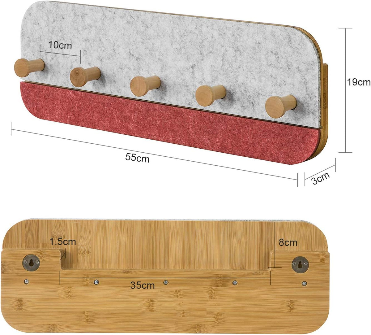 Porte-manteau mural SoBuy FHK16-R – 5 crochets – Bambou et feutre – 55 x 3 x 19 cm – Rouge