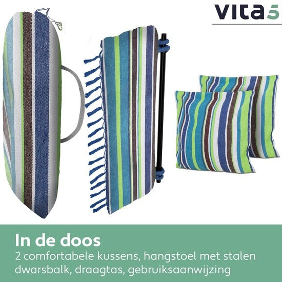 Vita5 XXL Chaise suspendue - Intérieur et extérieur - 2 coussins inclus - compartiment à livres - adultes - enfants - capacité de charge maximale 150kg - bleu/vert/blanc
