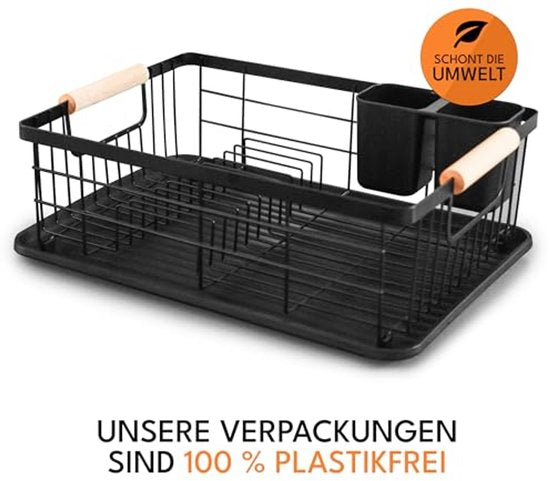 JOHSEATY porte-vaisselle avec poignée en bois - 42 x 32 cm, inoxydable avec porte-couverts, porte-vaisselle, porte-vaisselle, porte-vaisselle de cuisine, porte-vaisselle