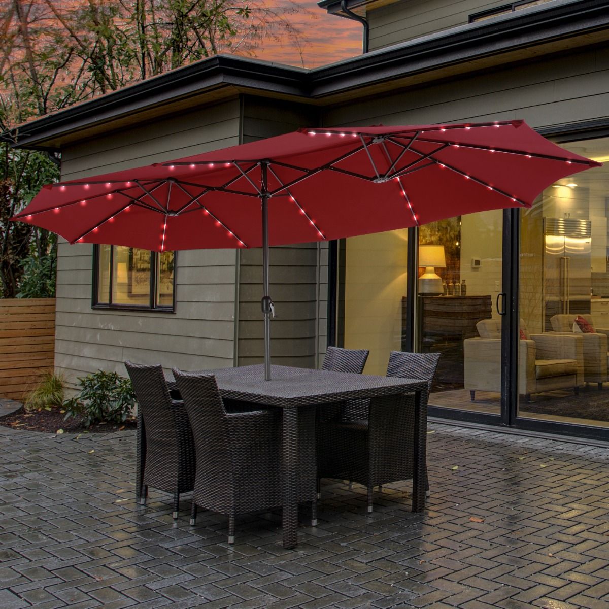 Parasol double Coast - Éclairage à 48 LED à énergie solaire - manivelle - rouge vin 470 x 280 cm