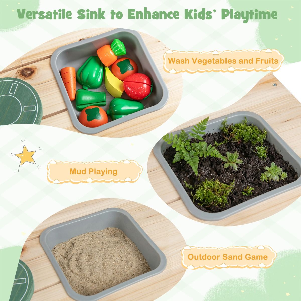 Cuisine jouet en bois Coast pour enfants - avec cuisinière et évier - tableau noir et pots de fleurs - couleur naturelle