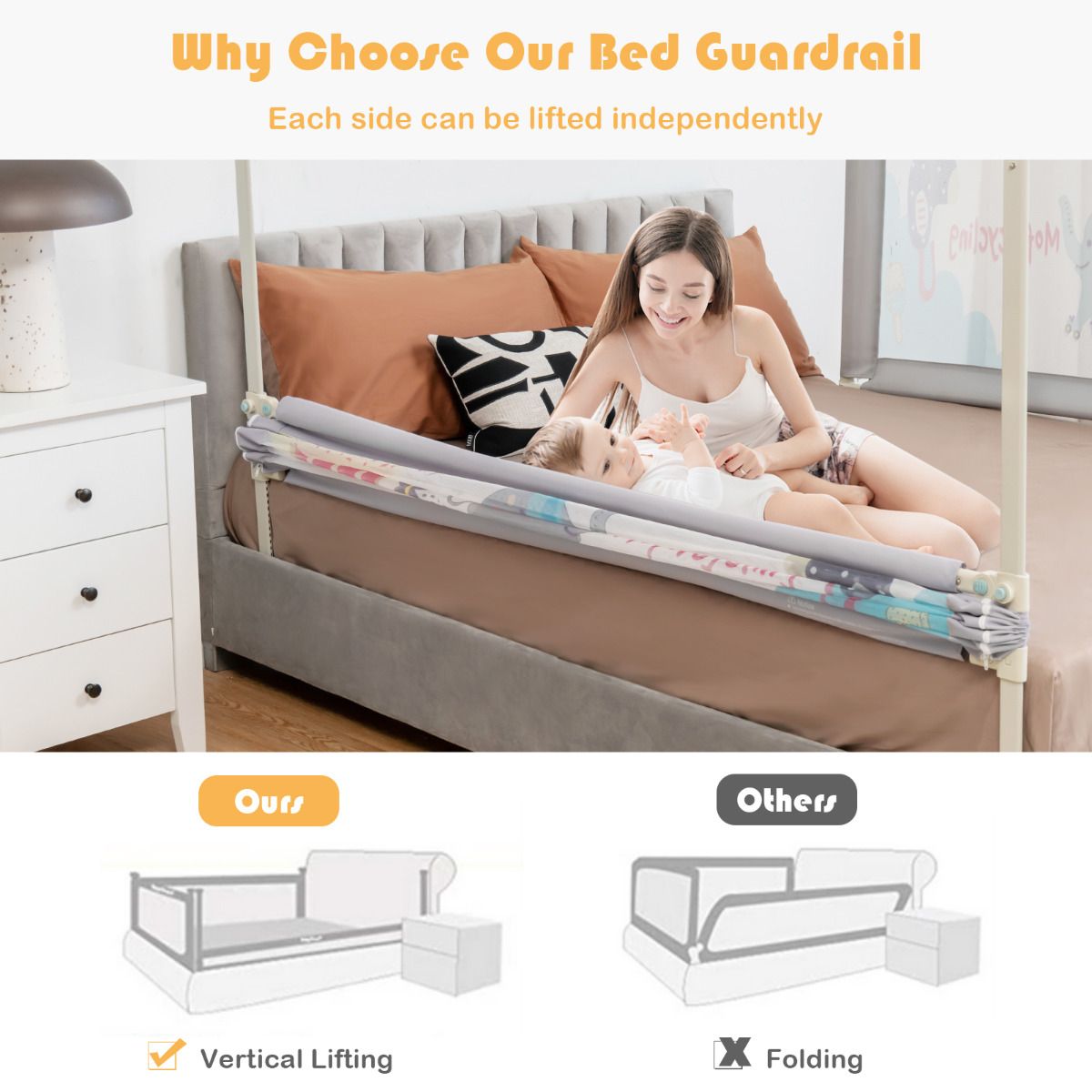 Barrière de lit pour tout-petits Coast - réglable en hauteur - extra-longue - pliable - grise