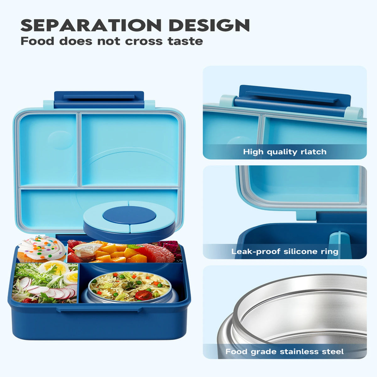 Boîte à repas Meoky à compartiments - Fermeture simple - 54 oz - Bleu