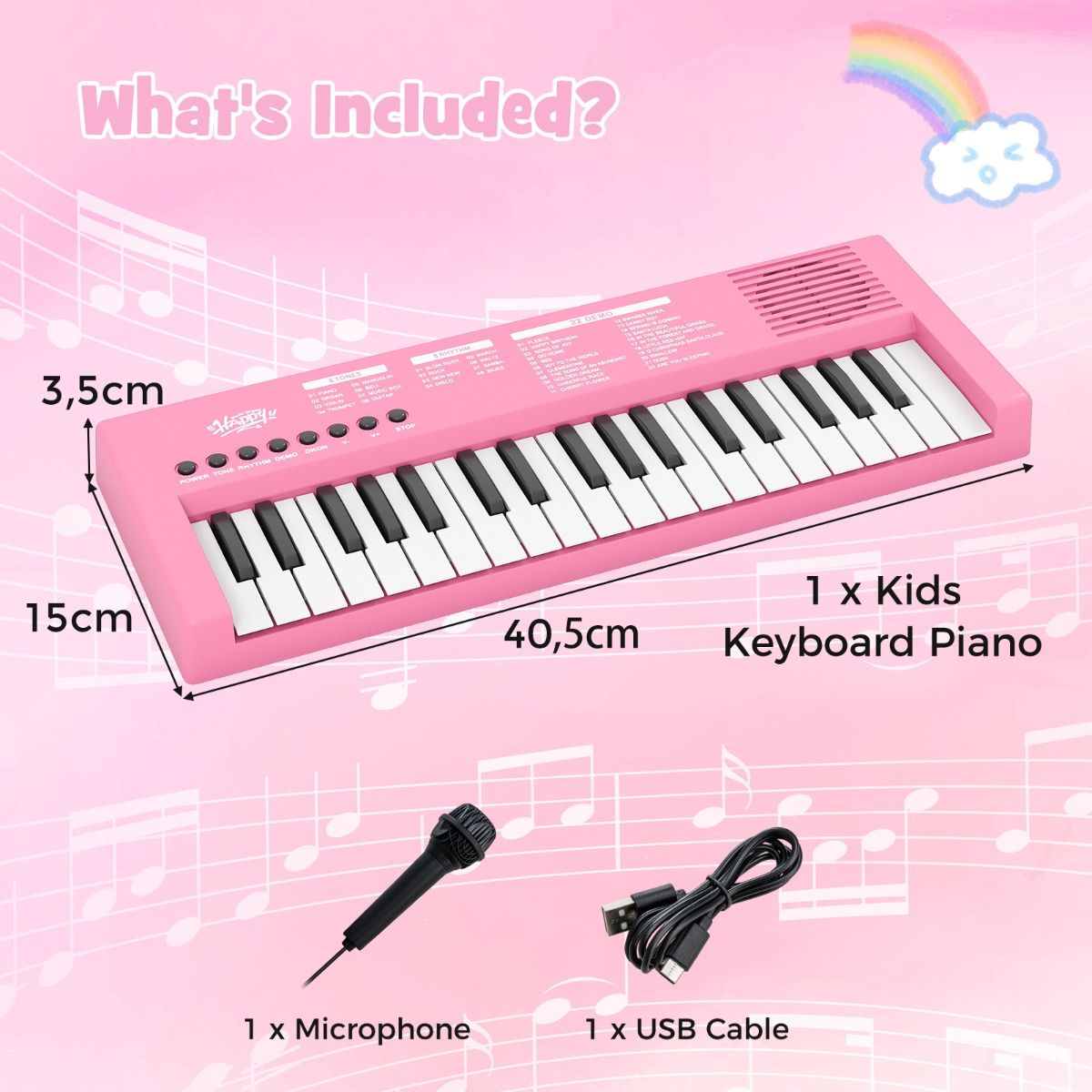 Clavier pour enfants Coast - Piano électronique à 37 touches - 8 rythmes - 8 sonorités - Noir / Rose