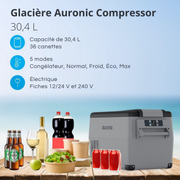 Glacière électrique à compresseur – Auronic – 30,4 L – 5 modes – 12V/240V – Double compartiment – Gris