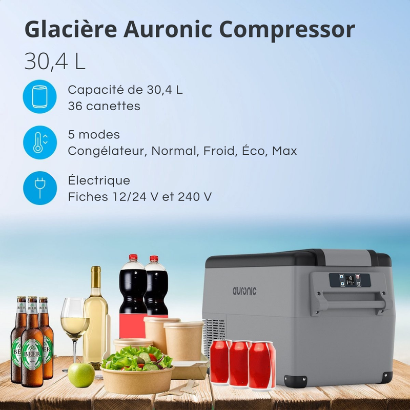 Glacière électrique à compresseur – Auronic – 30,4 L – 5 modes – 12V/240V – Double compartiment – Gris