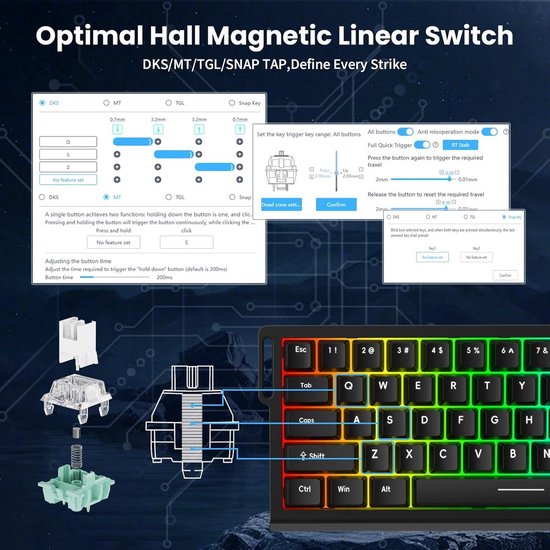 Mide68 - Clavier gaming filaire à 65 % - Clavier rétroéclairé RGB - Clavier mécanique à déclenchement rapide à effet Hall - Hot Swap - 8 kHz - Temps de réponse de 0,01 mm - 0,125 ms - Touches imprimées sur le côté - 68 touches - Meilleur rapport qualité-p
