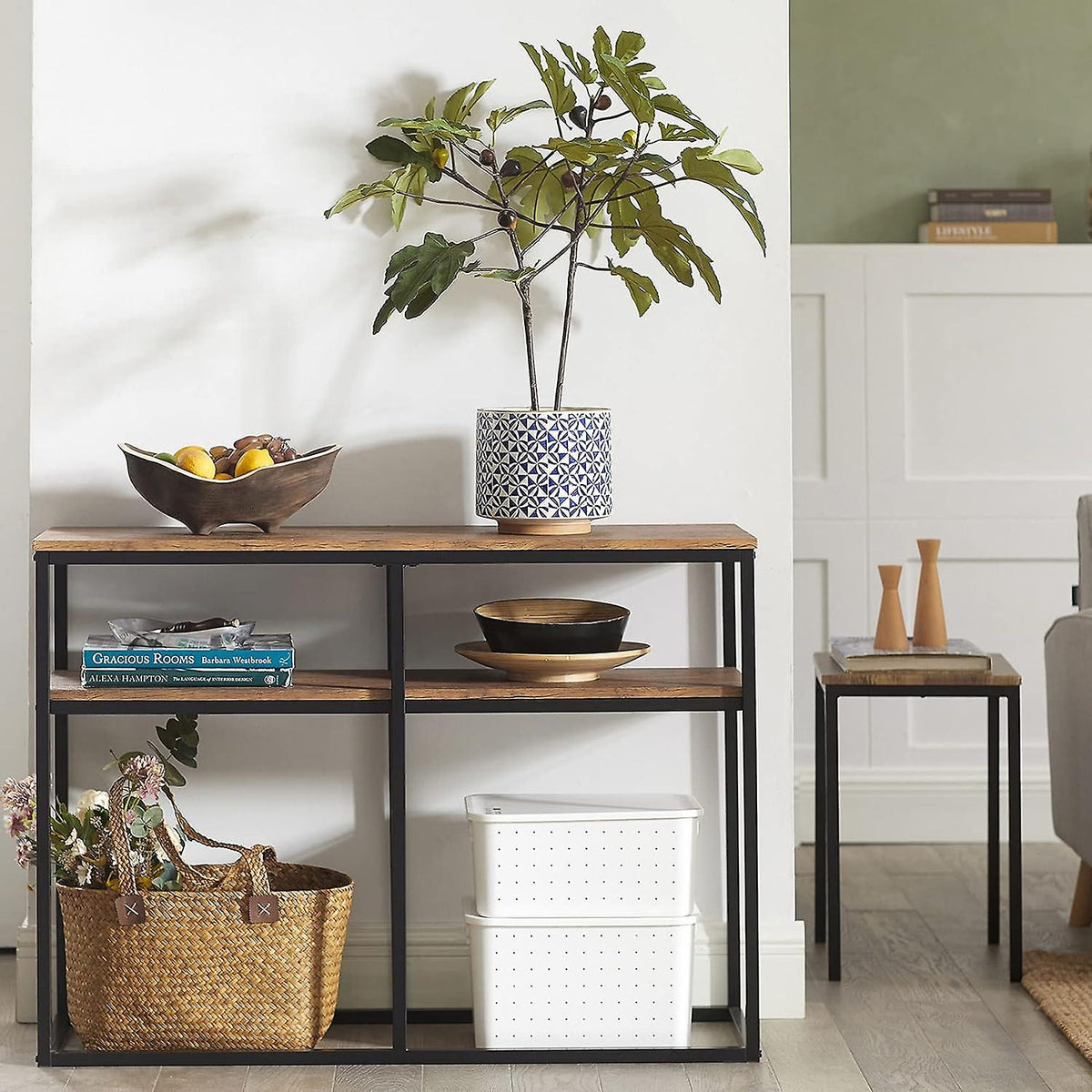 SoBuy - Table d'appoint avec 2 étagères de rangement - marron - 107x36x77 cm