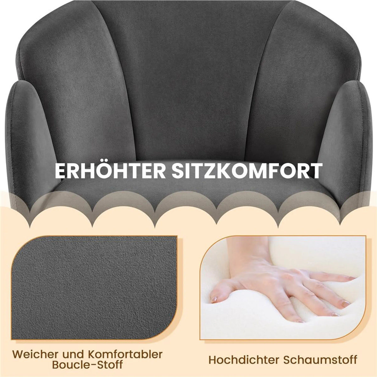 Yaheetech Swivel Chair Floral - Mécanisme de pivotement à 360°, coussin d'assise amovible et base en métal en forme de X - Pour chambre à coucher et bureau à domicile - Bouclé noir et métal - 57 x 61 x 75 cm